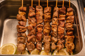 Skewers of souvlaki meat in Athens, Greece.