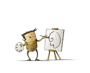 Man with a painter's palette is painting on a canvas that is on an easel. isolated