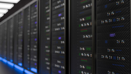 Server room data center. Backup, mining, hosting, mainframe, farm and computer rack with storage information. 3d render