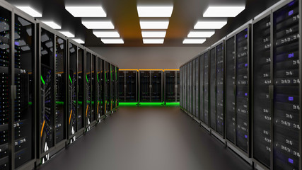 Server room data center. Backup, mining, hosting, mainframe, farm and computer rack with storage information. 3d render
