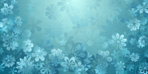 Spring background of various flowers in light blue colors