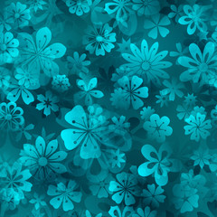 Spring seamless pattern of various flowers in light blue colors