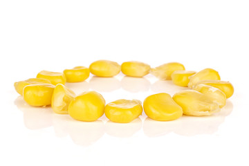 Lot of pieces of canned yellow corn ring isolated on white background