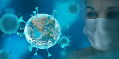 Biology and science. Virus or bacteria cells. Global alert. Epidemic. 3D render illustration. Masked girl. Planet Earth. Elements of this image furnished by NASA. - obrazy, fototapety, plakaty