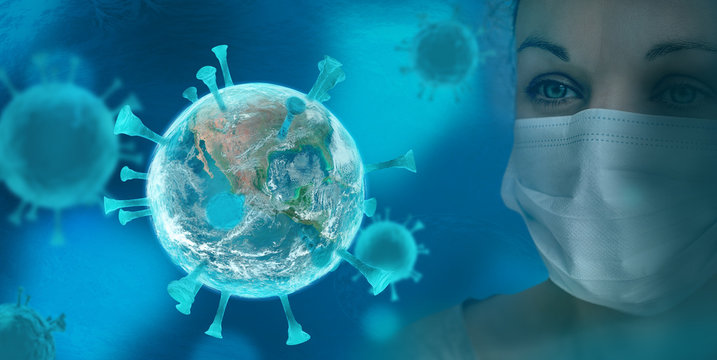 Biology and science. Virus or bacteria cells. Global alert. Epidemic. 3D render illustration. Masked girl. Planet Earth. Elements of this image furnished by NASA.
