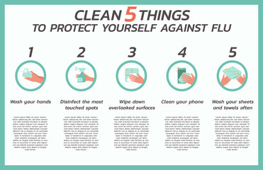 clean five things to protect yourself against flu infographic, healthcare and medical about fever and virus protection, vector flat symbol icon, layout, template illustration in horizontal design