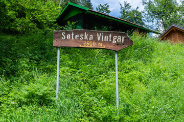 Sign indicating to Vintgar Gorge (Soteska Vintgar) near Bled town in Slovenia.