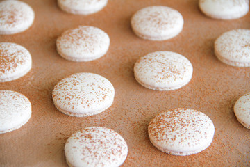 Fototapeta na wymiar French dessert macaron. The photo of making macaron powdered with cocoa powder. Macaron in process, after baking, before filling. Macarons piped on a tray covered with a teflon sheet. Back view.