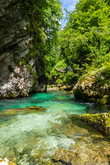 Fototapeta na wymiar Landscape in Vintgar Gorge (Soteska Vintgar) near Bled town in Slovenia.