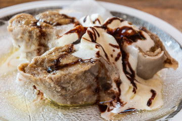 Apple pie with whipped cream in Slovenia.