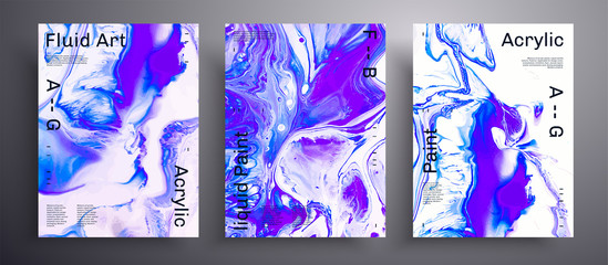 Abstract vector placard, texture set of fluid art covers. Trendy background that applicable for design cover, poster, brochure and etc. Purple, blue and white universal trendy painting backdrop