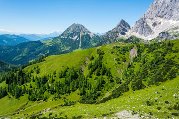 Mountainous view toward Rotelstein mountain (2247m) in Schladming-Dachstein region of Styria in...