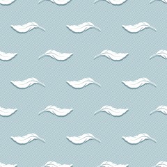 Seamless pattern with white feathers and stripes on a blue background. Soft calm tones and colors. Endlessly repeating textures for wallpaper,  linens, pillows, textiles. Flat design. Vector image.