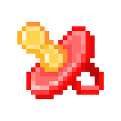 Fototapeta premium Red glossy heart-shaped lock with a golden key, pixel art icon isolated on white background. 8 bit fidelity, wedding, marriage, love symbol. Old school vintage retro slot machine/video game graphics.