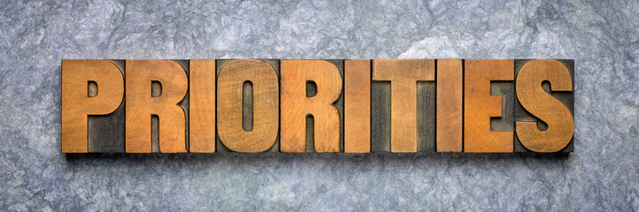 priorities word abstract in wood type