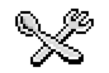 Spoon and fork crossed, black outline pixel art icon isolated on white background. 8 bit silver cutlery set symbol. Old school vintage retro slot machine/video game graphics.