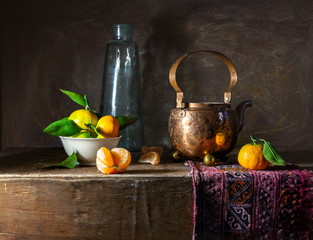 Image of fruit and dishes on a rustic table