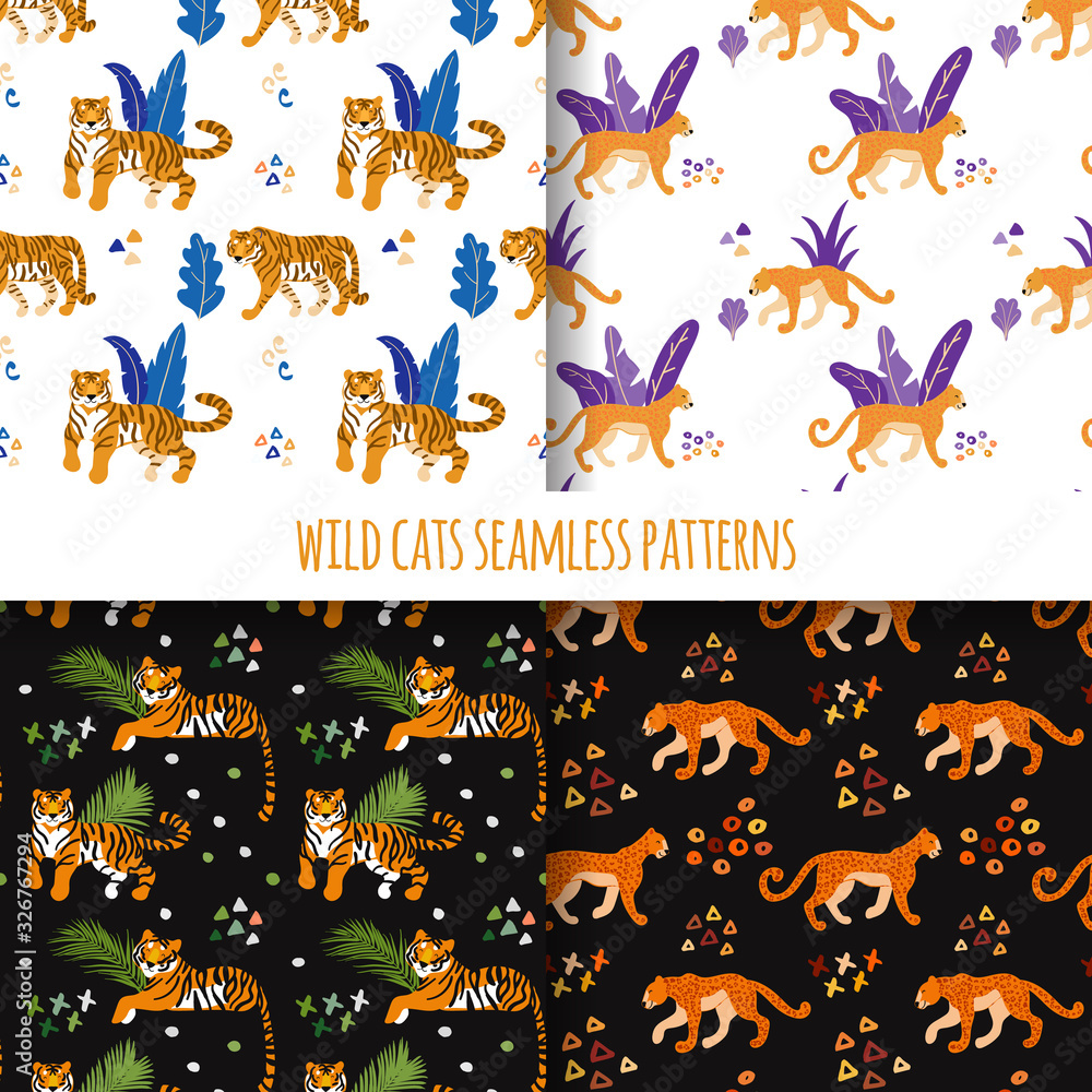 Aufkleber tigers and jaguars. vector hand drawn seamless pattern. ornament with predators. wild cats backgroun