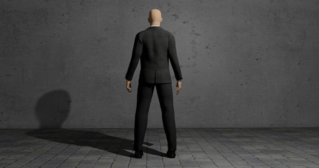 Businessman standing defiantly in front of a bare wall in darkness place - 3d render illustration