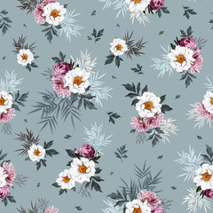 Seamless elegant pattern with peonies, bamboo, branches for surface design