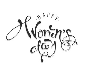Naklejka premium Happy International Womens Day lettering. Hand drawn celebration text for poster, web design, banner, card, postcard, flyer, event icon logo or badge. Vector illustration.