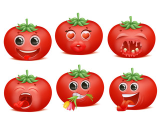 Tomato emoji cartoon character set. Various emotions. Funny, love, romantic, pain