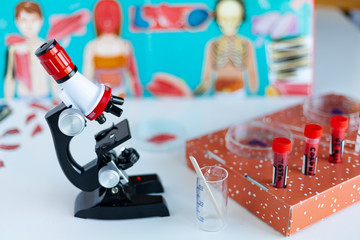 school concept, toy microscope stands on a table, coronovirus test tubes, optional biologists, preschool education