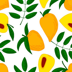 Yellow canistel and branch on white background. Hand drawn seamless pattern. Stock vector illustration.