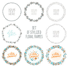 Vector image of a collection of round ornate frames with place for text with different floral and geometric patterns on a white background.