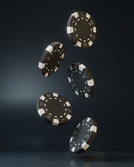 Casino chips falling on black background. Casino game 3D chips. Online casino banner. Black chip. Gambling concept. 3D rendering illustration