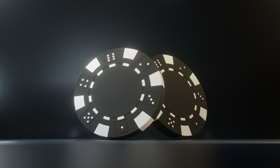 Casino chips isolated on black background. Casino game 3D chips. Online casino banner. Black chip. Gambling concept. 3D rendering illustration