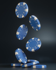 Casino chips falling on black background. Casino game 3D chips. Online casino banner. Blue chip. Gambling concept. 3D rendering illustration