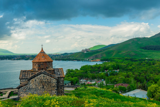 Tourist site of Armenia Sevanavank Monastery on the shore of Lake Sevan