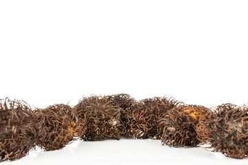 Group of seven whole old brown rambutan isolated on white background