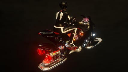 Pilot and a jet motorcycle on the mirror surface.