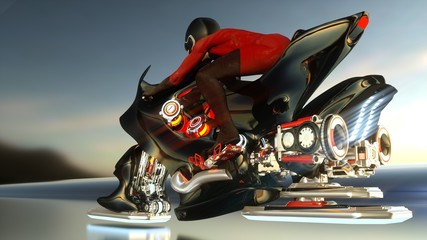 Pilot and a jet motorcycle on the mirror surface.