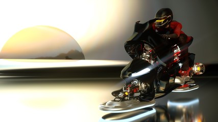 Pilot and a jet motorcycle on the mirror surface.