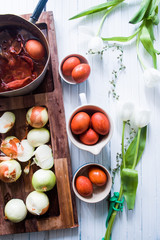 Dyeing eggs for Easter holidays, coloring with different color and tonality using natural food dye...