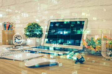 Multi exposure of desktop with personal computer and tech theme drawing. Concept of Bigdata.