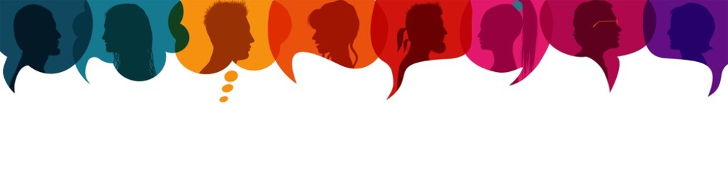 Crowd talking and inform.Diversity people.Speech bubble.Communicate between a group of multiethnic and multicultural people who talk and share ideas.Silhouette heads profile.Socialize