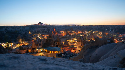 Fototapeta na wymiar Goreme town and Uchisar castle in the background at night in Cappadocia, Anatolia, Turkey. 