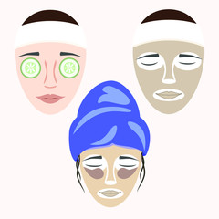 Three faces of a young girl doing cosmetic procedures: eye masks and face care, drawing in flat style, concept cosmetology. Vector illustration, template design for posters, flyers, cards or vouchers.