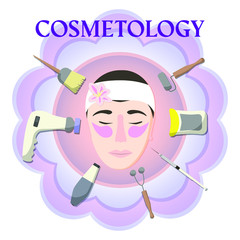 Instruments for a cosmetologist who make face care, drawing in flat style, concept cosmetology. Vector illustration, template design for posters, flyers, cards or vouchers.