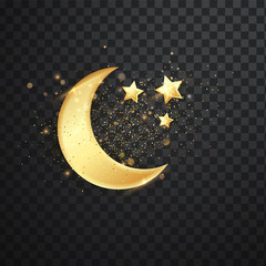 Golden reflective crescent moons with stars. Decorative vector elements for Muslim holidays. Isolated on transparent background © Ann_Sereda
