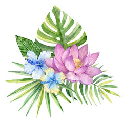 Tropical lush bouquet with green exotic leaves and flowers. Lotus and Hibiscus Flowers . Watercolor floral