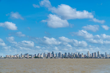 Beautiful view of Belem city skyline with modern buildings on sunny summer day on the bank of the...
