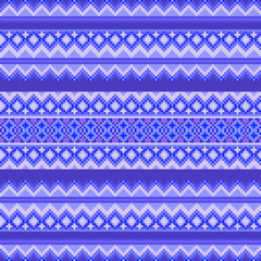 Vector Pixel art seamless background texture ethnic pattern, cold winter coloring, for design of linen fabric, kitchen textiles, cross stitch
