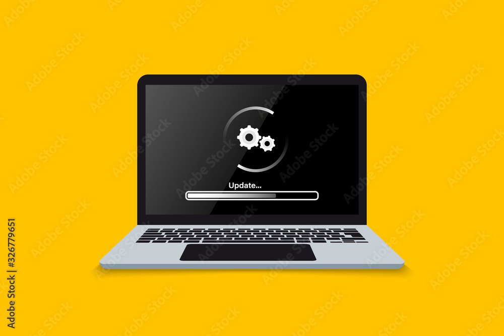 Poster laptop update screen. loading or update process in laptop screen. install software, operating system