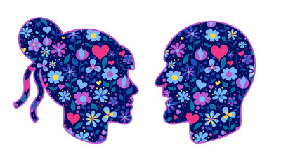 Romantic couple head silhouette double exposure love, spring, concept.  Floral pattern. Vector illustration.