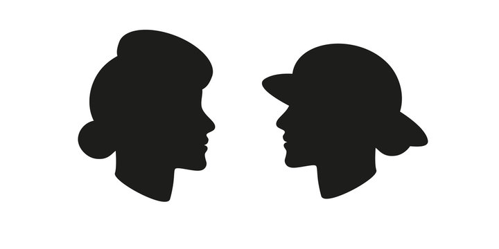 Woman in a Pillbox hat and Lady in a Wide Brim Hat head silhouette set. Vector illustration.